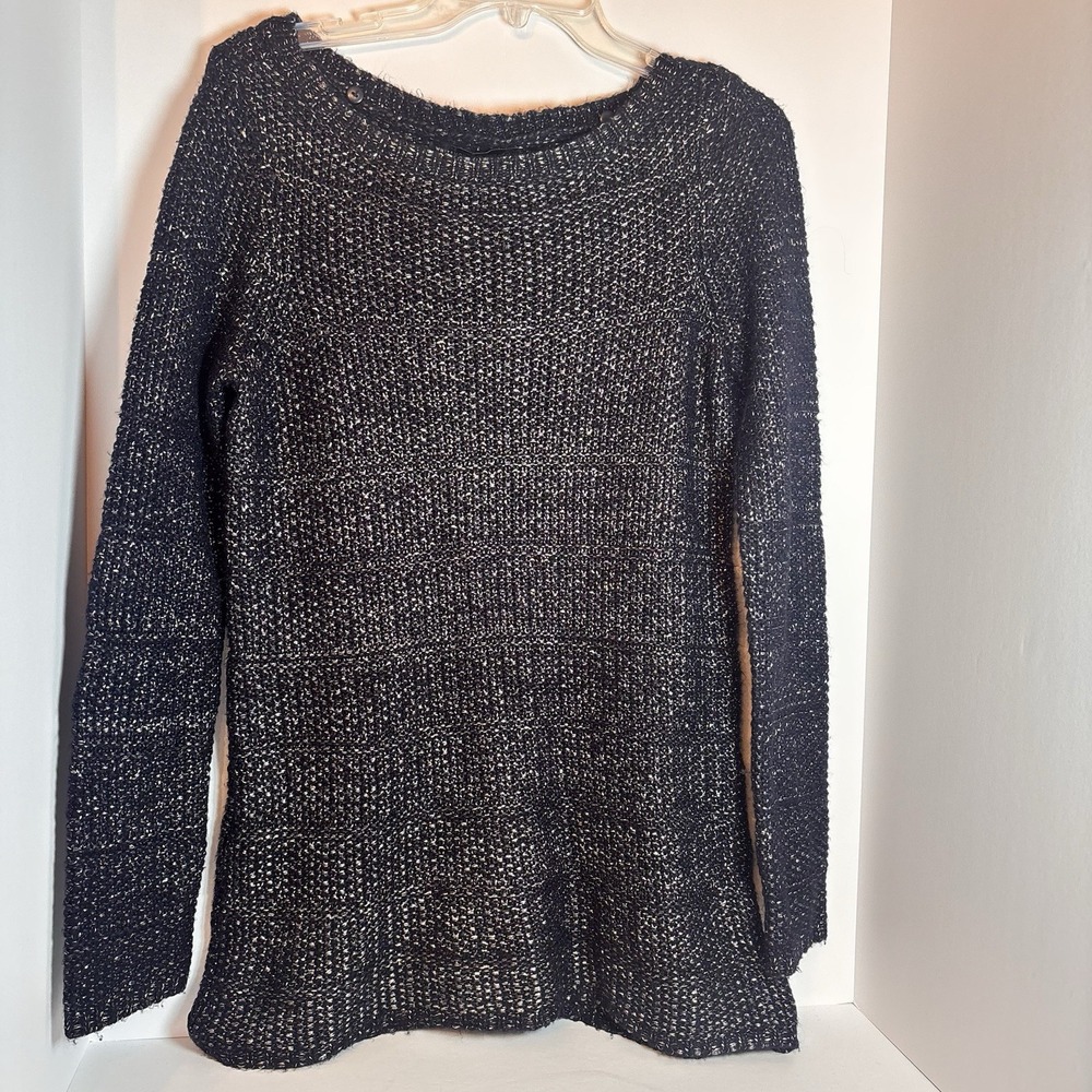 White House Black Market Sweater Striped Metallic Gold Silver Threads Size S